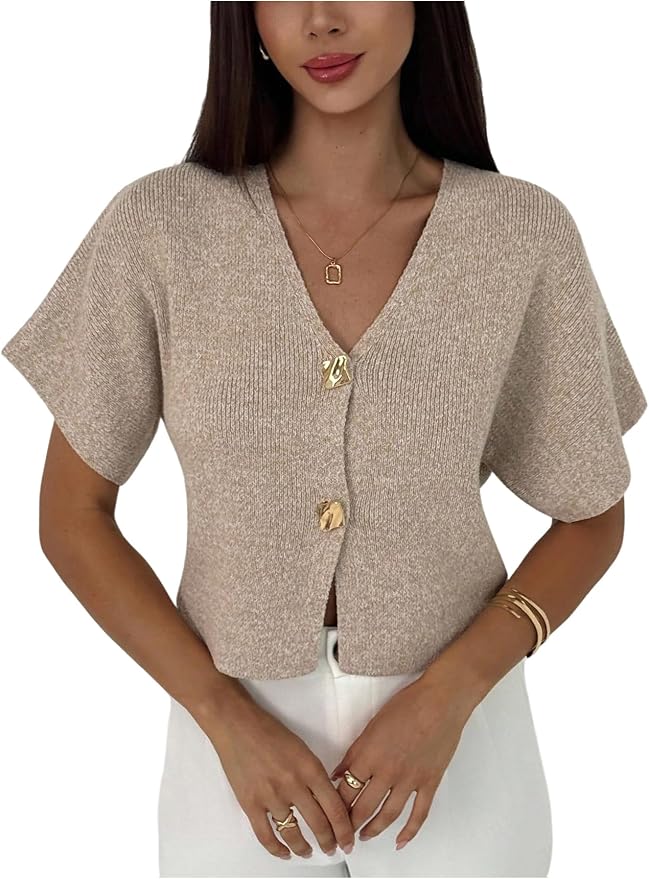 Short Sleeve V Neck Cardigan Sweater