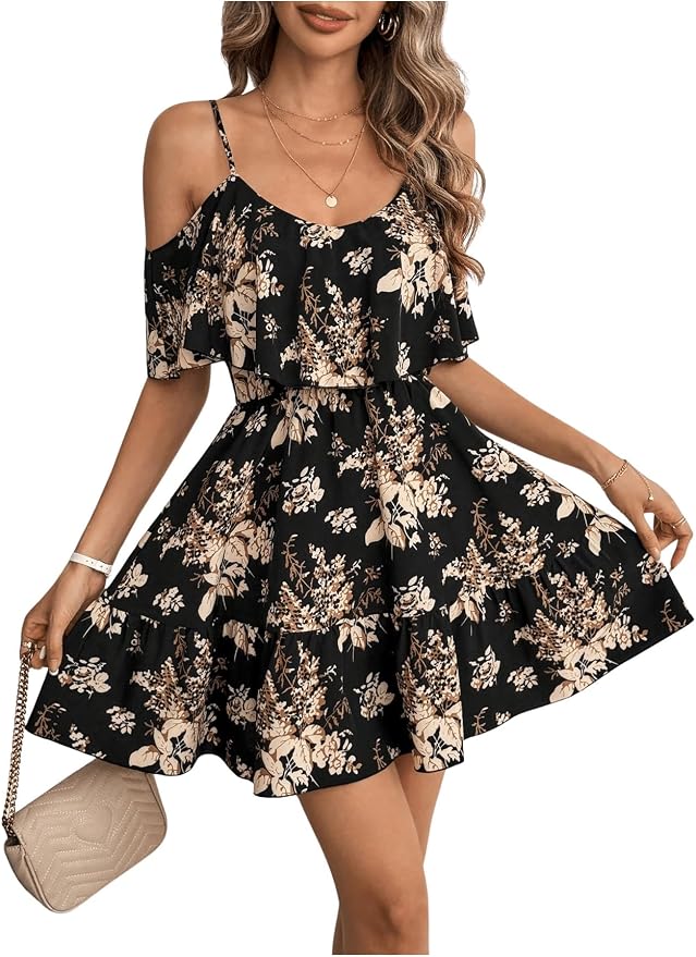 Floral Mini Dress Cold Shoulder Ruffle