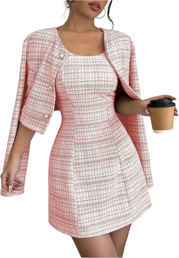 2 Piece Plaid Long Sleeve Jacket Dress Set